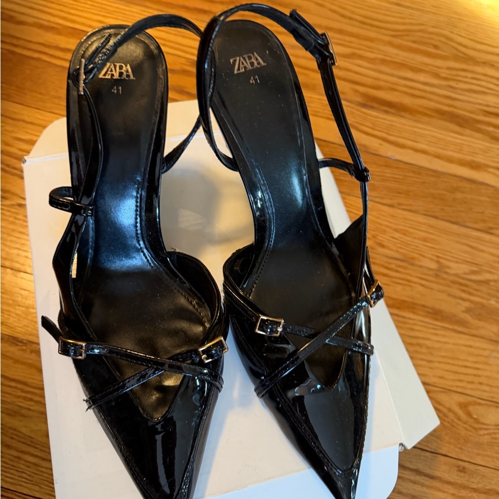 ZARA Black Patent Pointed Slingback Heels with Crisscross Straps